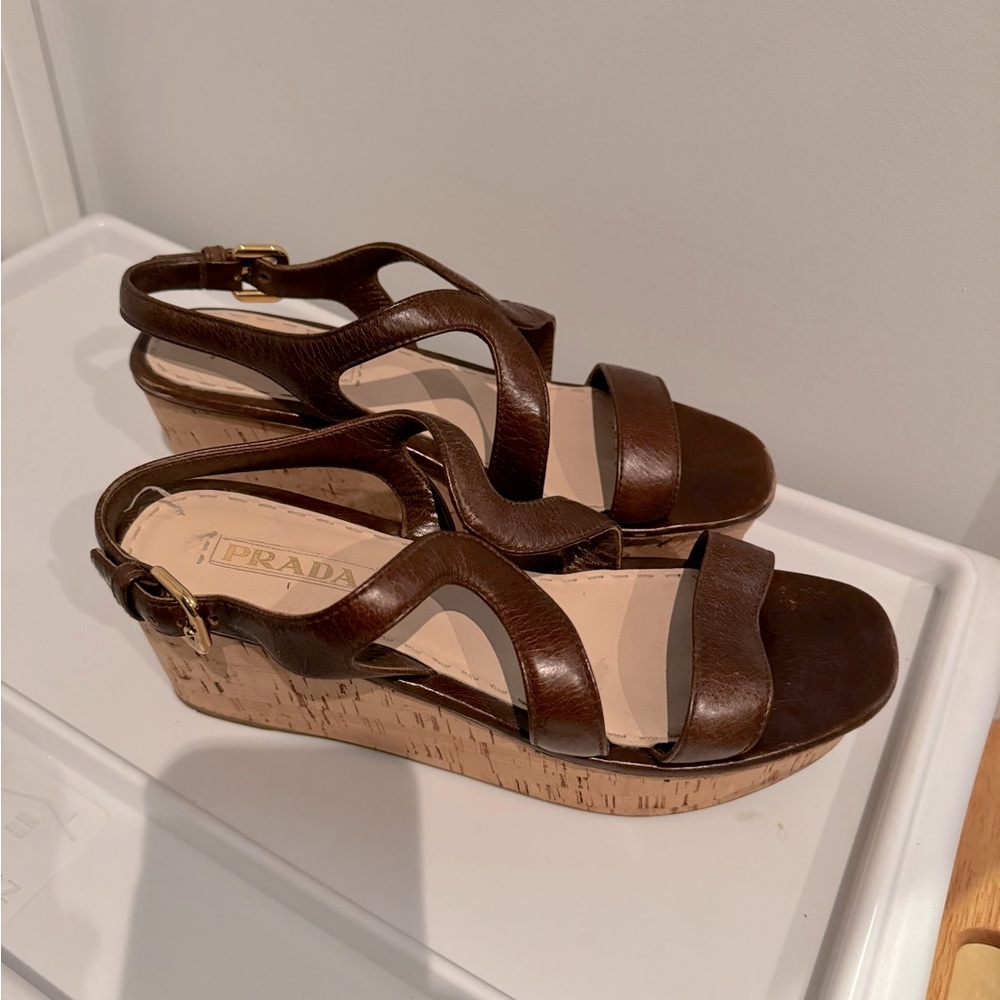 Prada size 10 wedge sandals, saddle brown leather uppers, cork wedge.
